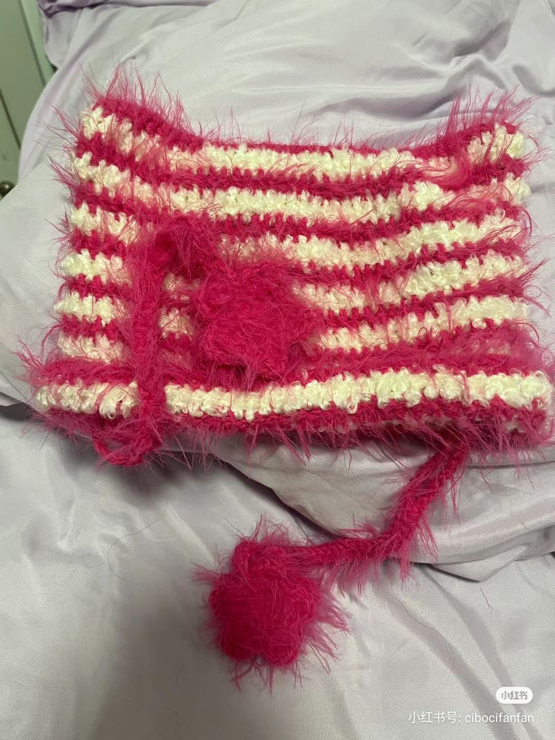 Pink and white fluffy cat ear crochet hat