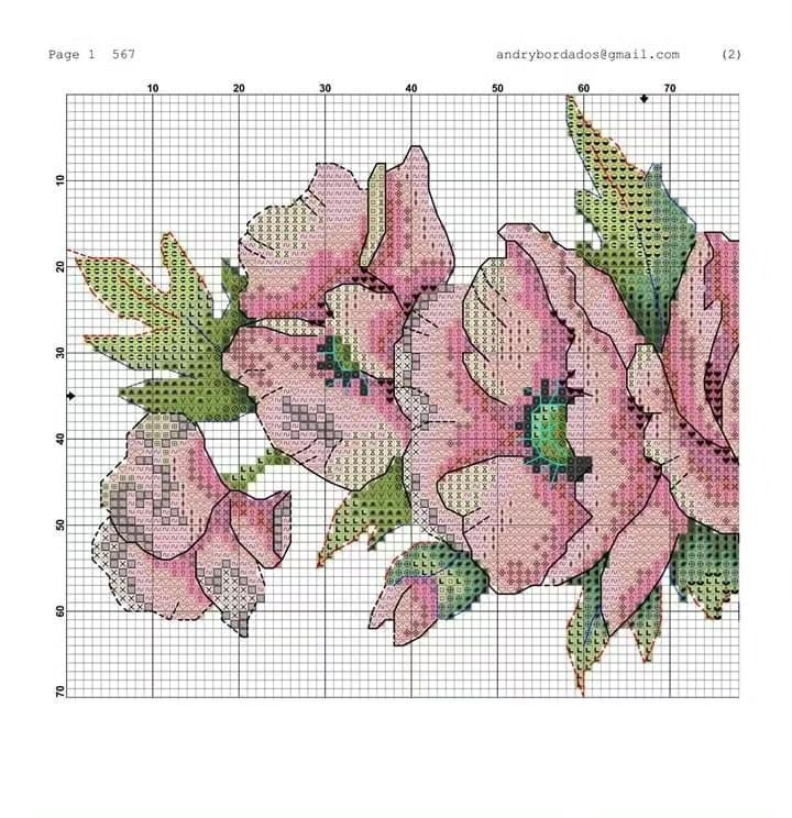 Pink Peony Flowers Cross Stitch Pattern Chart with Anchor and DMC Floss Color Guide