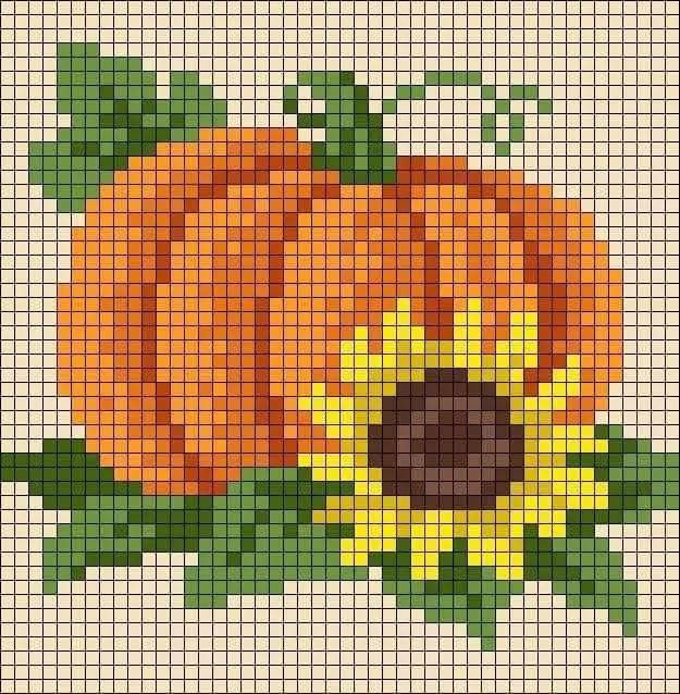 Pixel art charts for apple, pumpkin, cherries, pear, and elephant with flowers