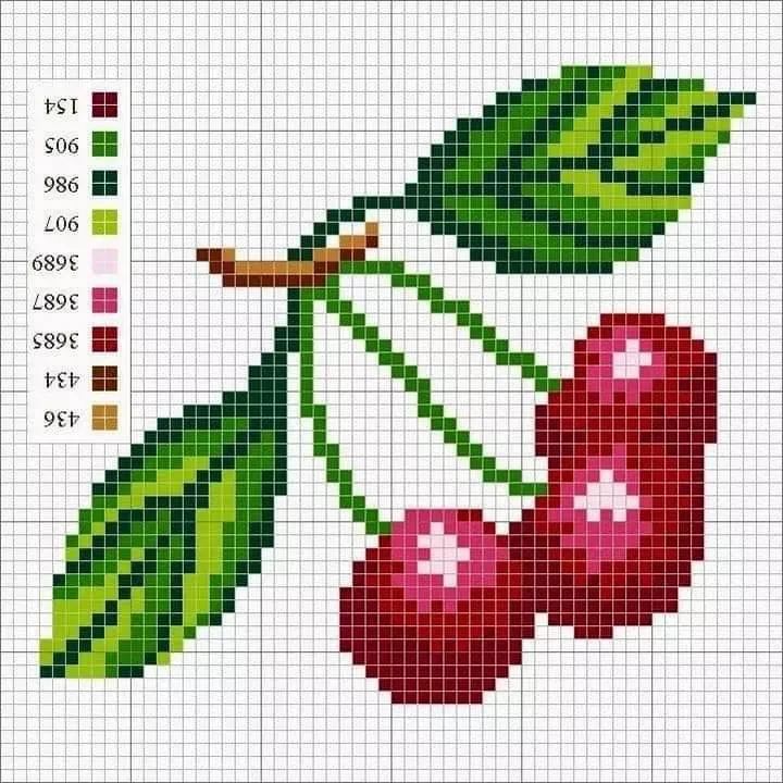 Pixel art charts for apple, pumpkin, cherries, pear, and elephant with flowers