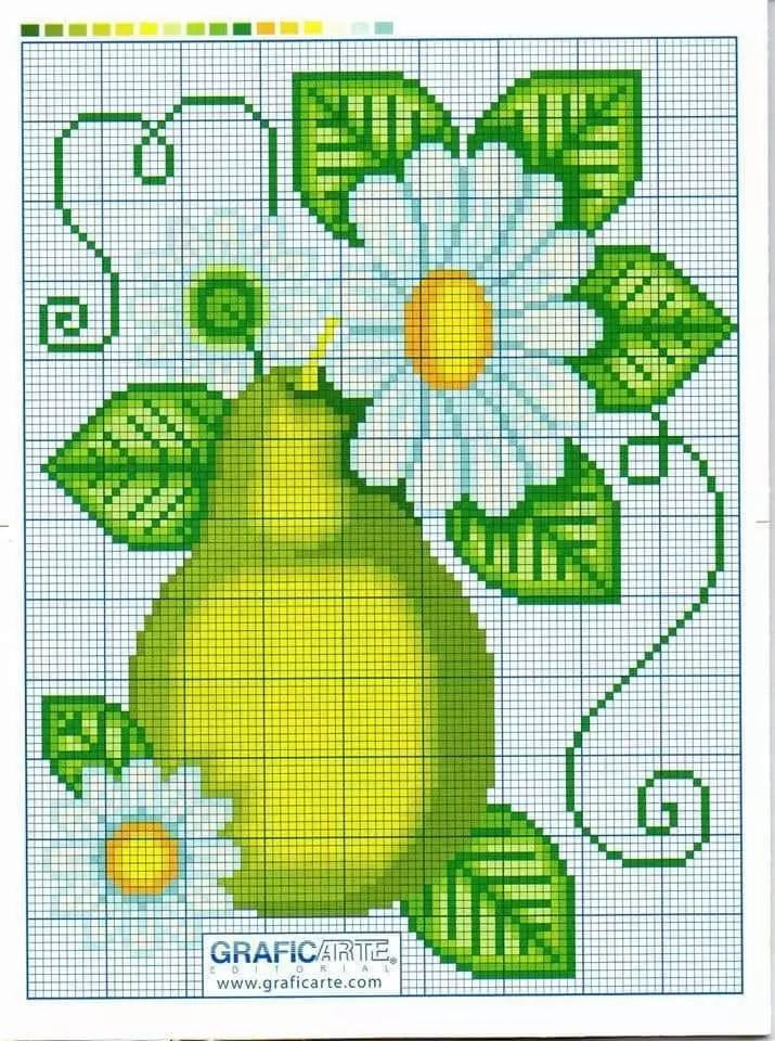 Pixel art charts for apple, pumpkin, cherries, pear, and elephant with flowers
