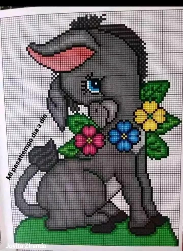 Pixel art charts for apple, pumpkin, cherries, pear, and elephant with flowers