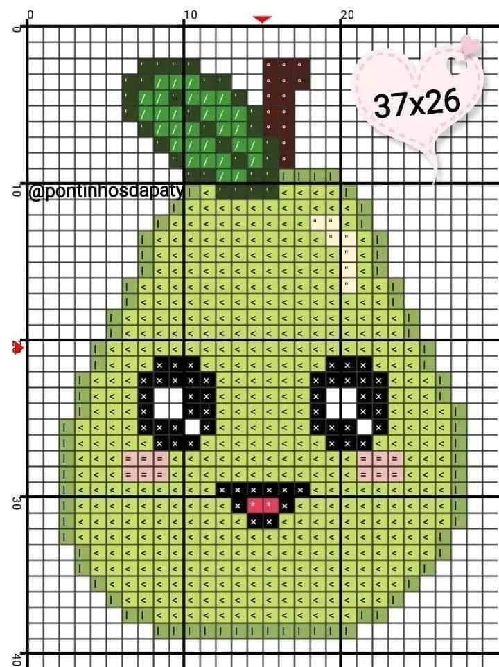 Pixel art charts for apple, pumpkin, cherries, pear, and elephant with flowers