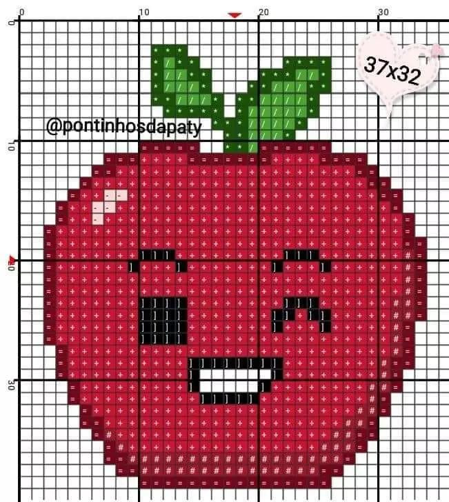 Pixel art charts for apple, pumpkin, cherries, pear, and elephant with flowers