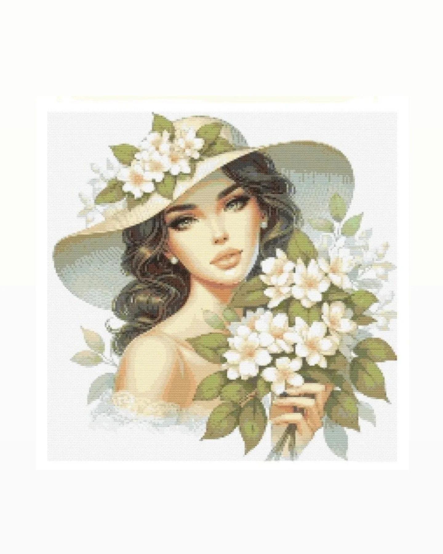 Pixel Chart Pattern for Elegant Lady with Floral Hat and Bouquet