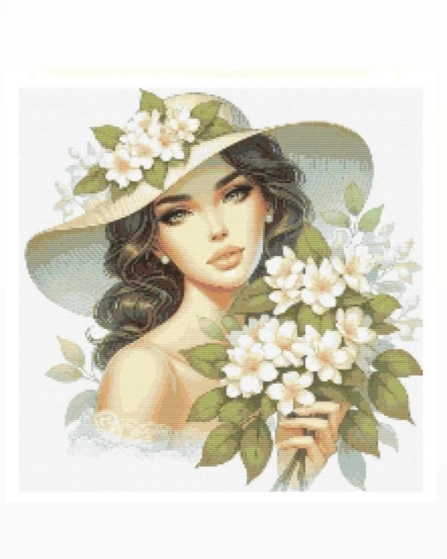 Pixel Chart Pattern for Elegant Lady with Floral Hat and Bouquet