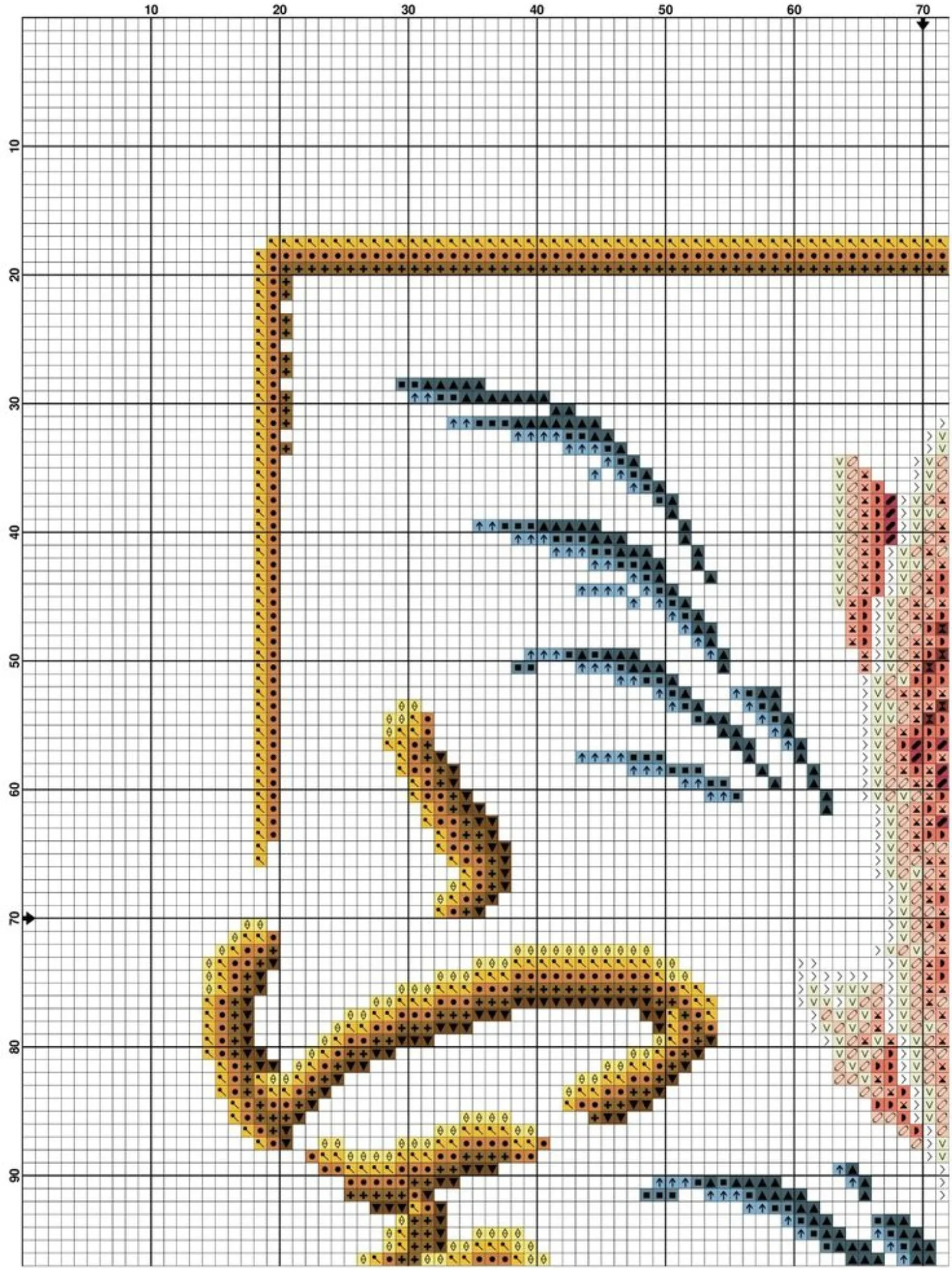 Pixel chart pattern for red and blue koi fish with gold calligraphy on black background