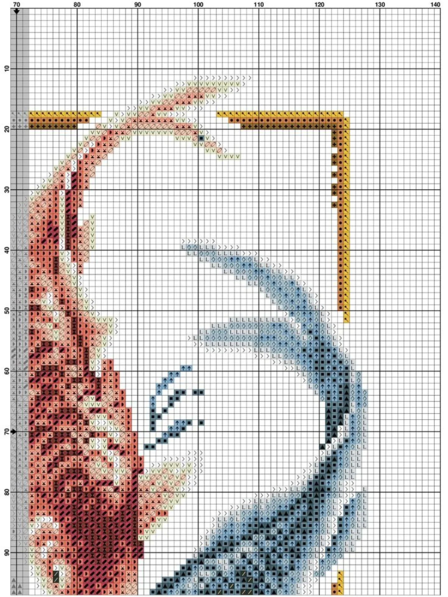 Pixel chart pattern for red and blue koi fish with gold calligraphy on black background