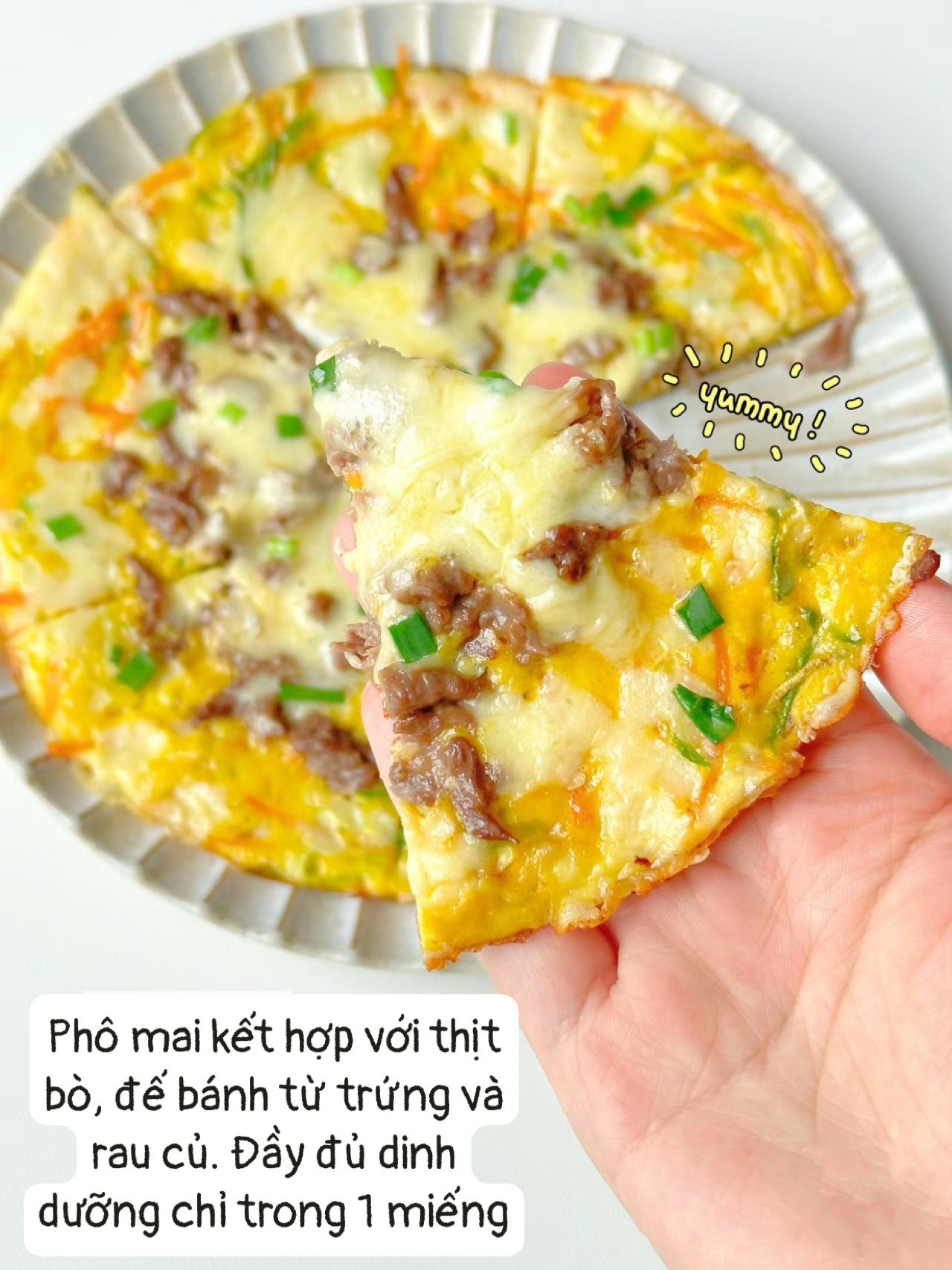 Pizza Phô Mai Bò EmBes: Món ăn thơm ngon bé thích mê với phô mai, thịt bò, trứng và rau củ đầy đủ dinh dưỡng