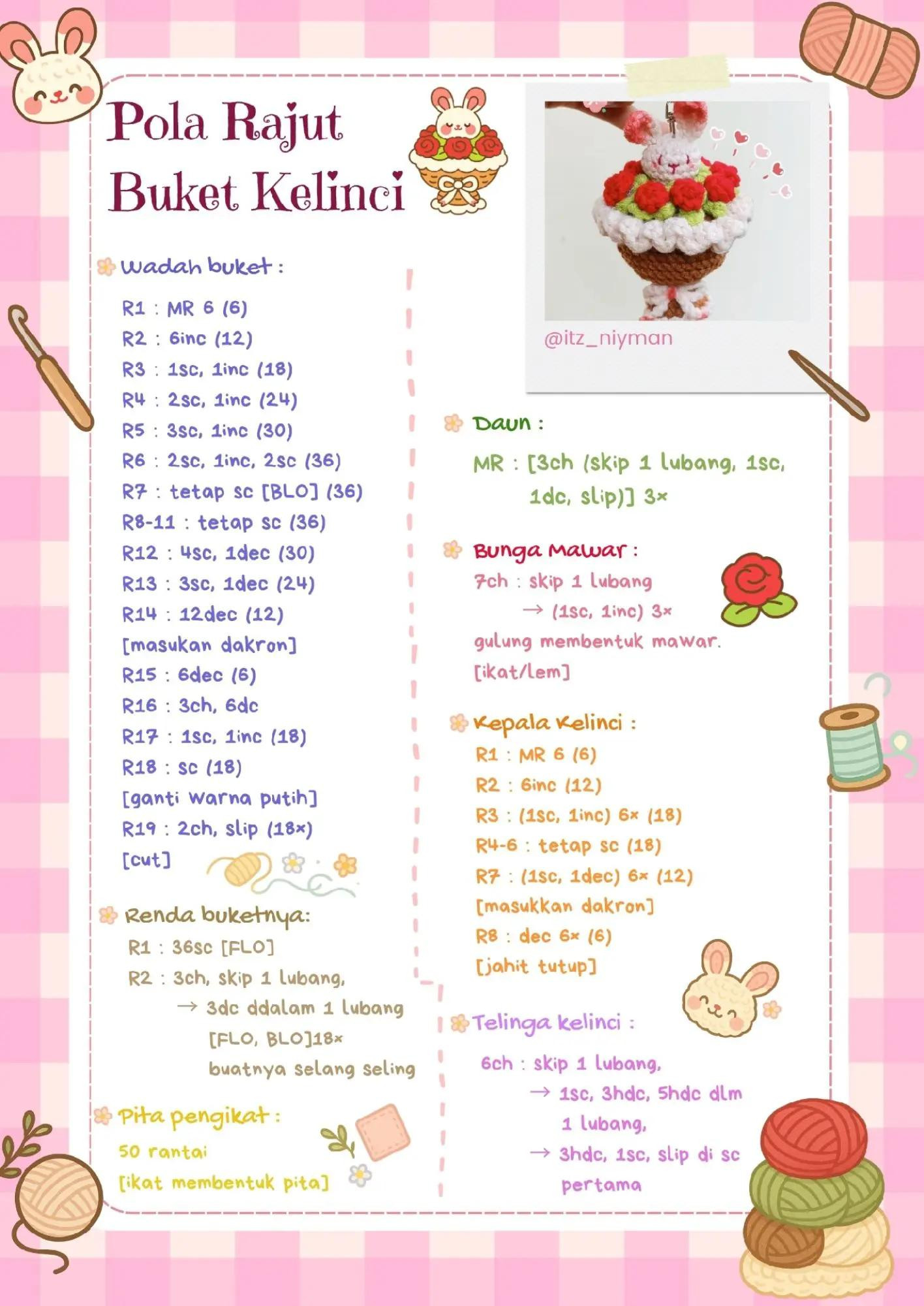 Pola Rajut Buket Kelinci Mawar Merah Putih