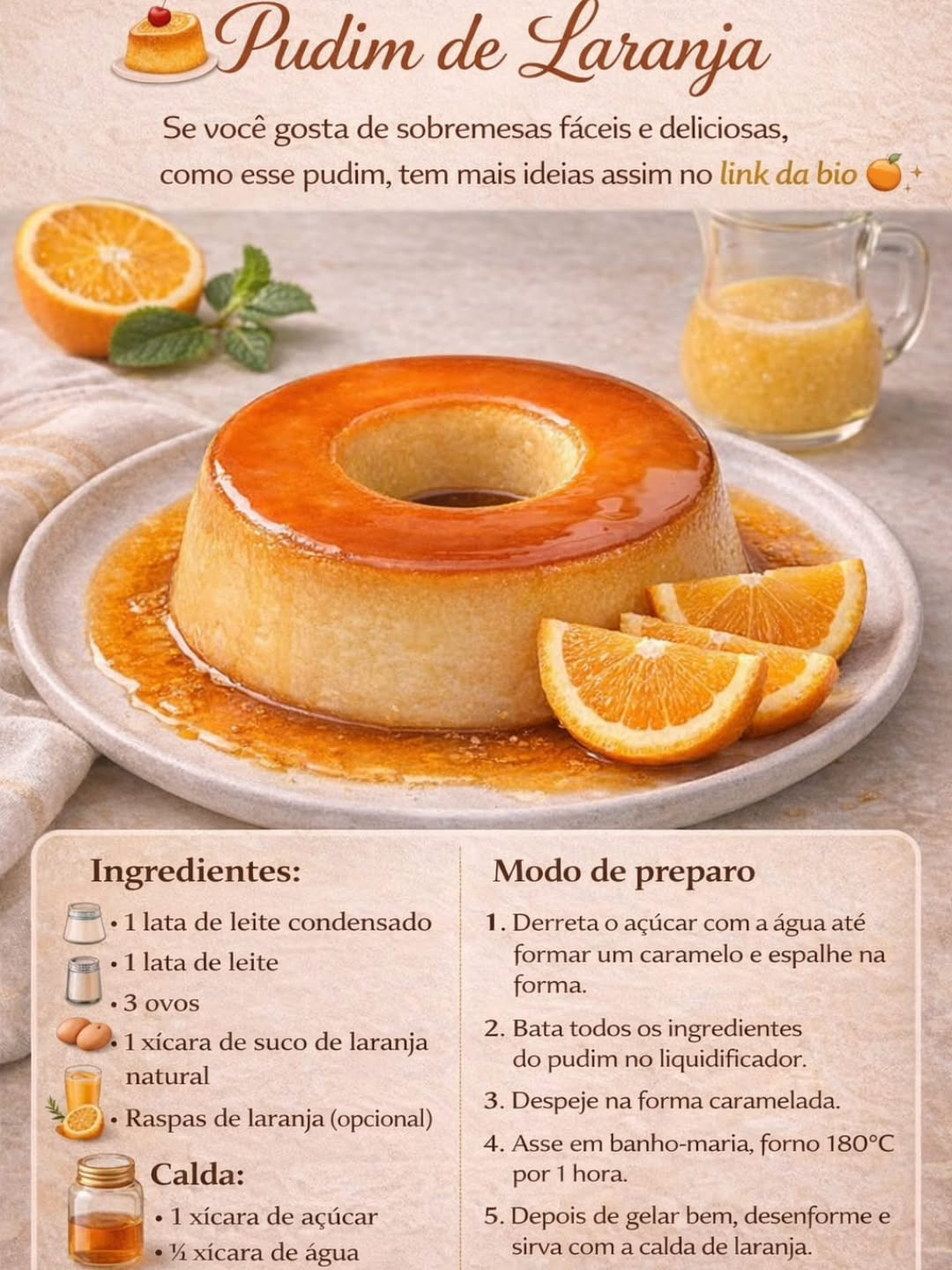 Pudim de Laranja Cremoso: Receita Fácil com Calda e Raspas de Laranja