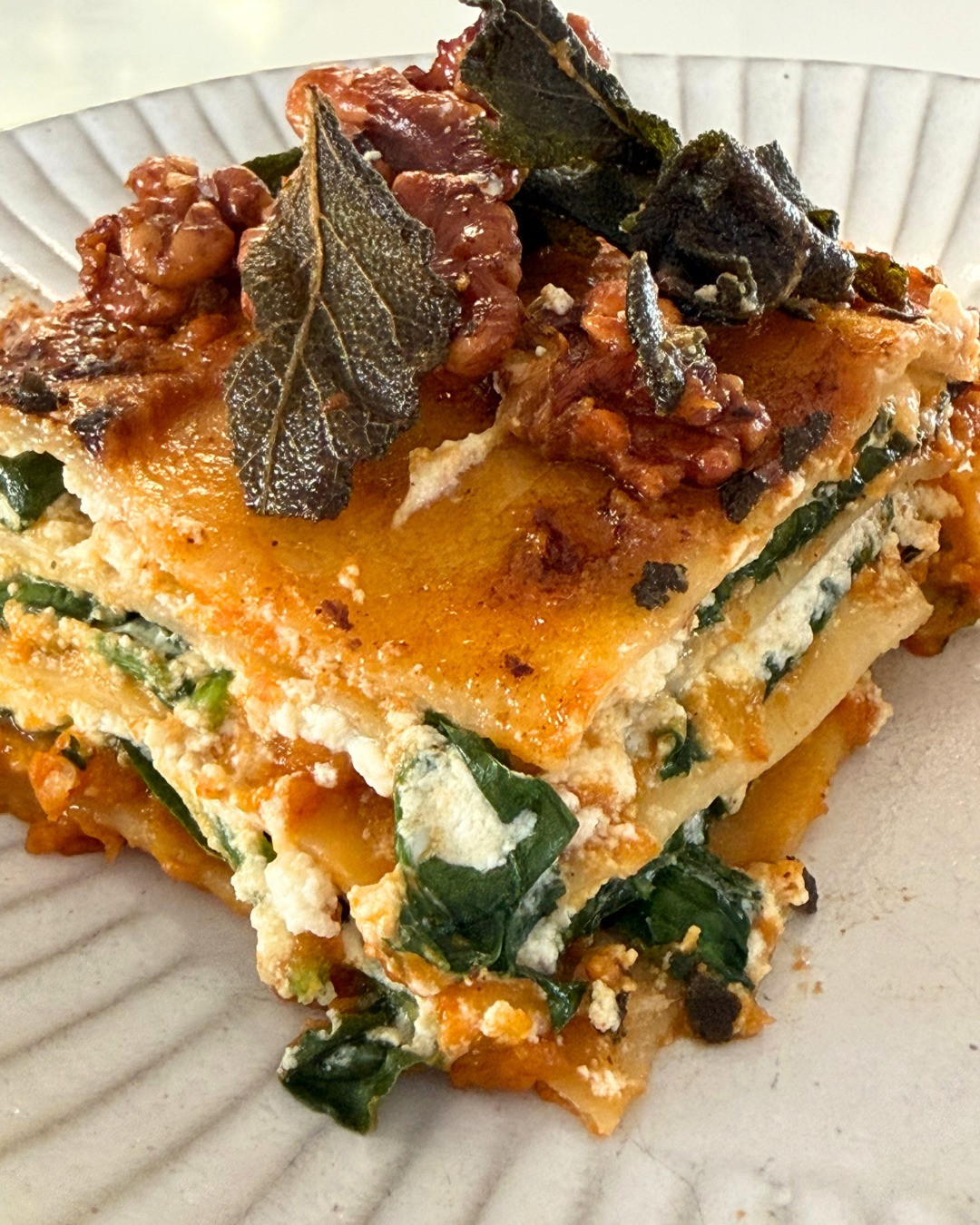 Pumpkin, Spinach & Ricotta Lasagne with Burnt Butter Sage & Walnuts