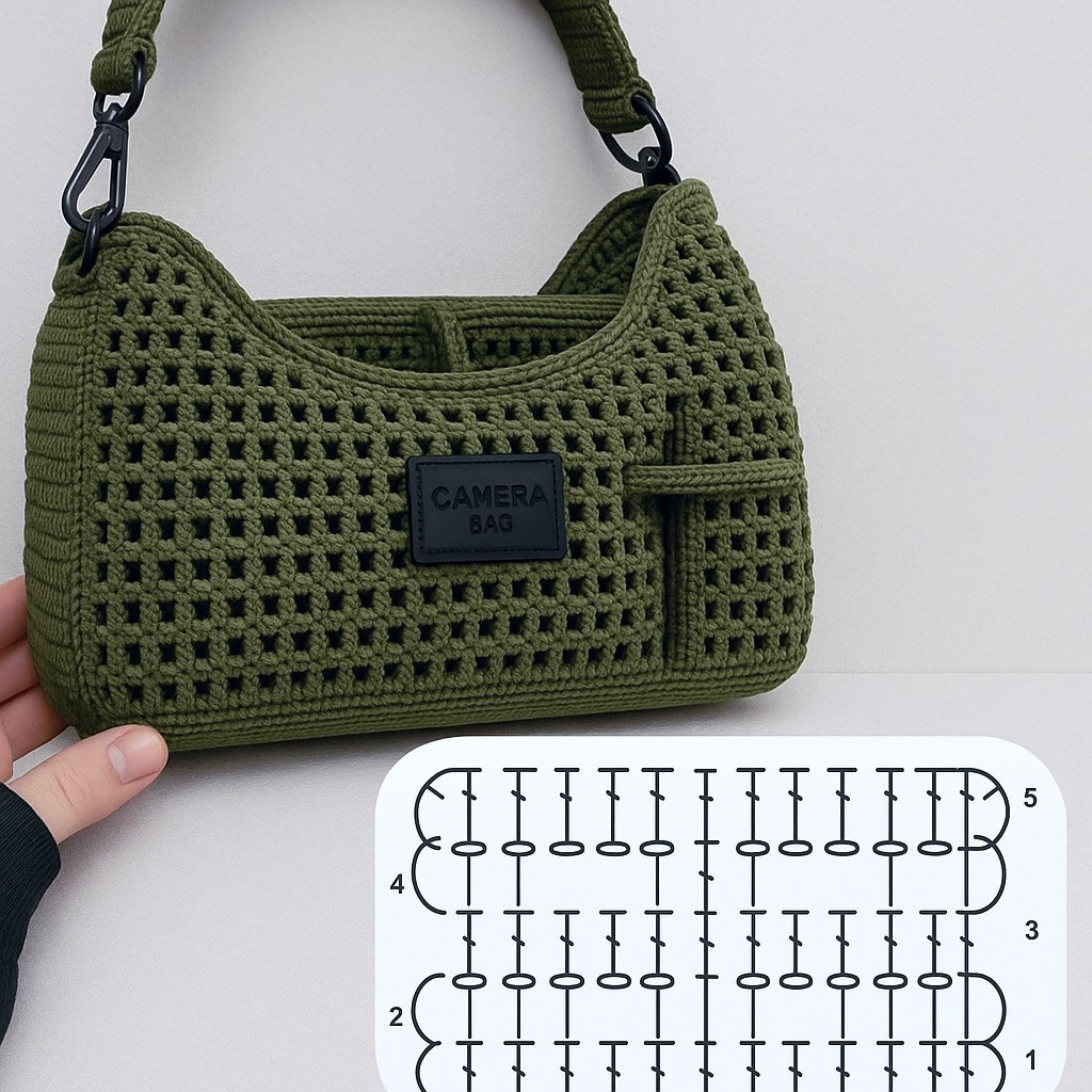 Purple and Green Crochet Camera Bag with Flat Chart Pattern