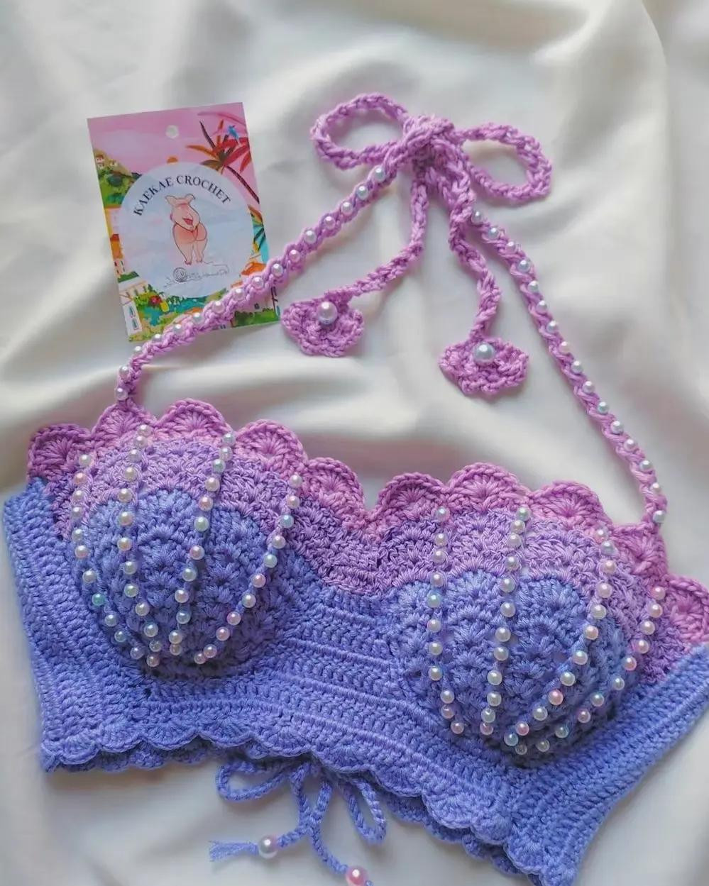 Purple Gradient Shell Top Crochet Pattern with Pearls and Detailed Chart