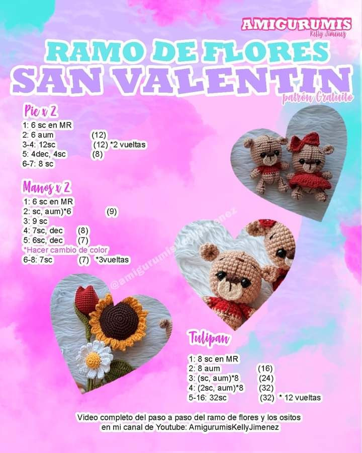 Ramo de Flores San Valentin: Patrón Gratis Gato y Flor Crochet