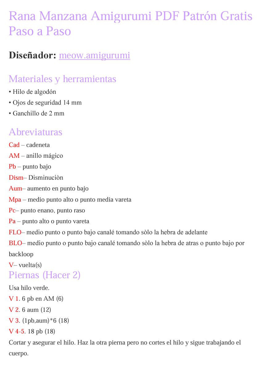 Rana Manzana Amigurumi PDF Patrón Gratis Paso a Paso