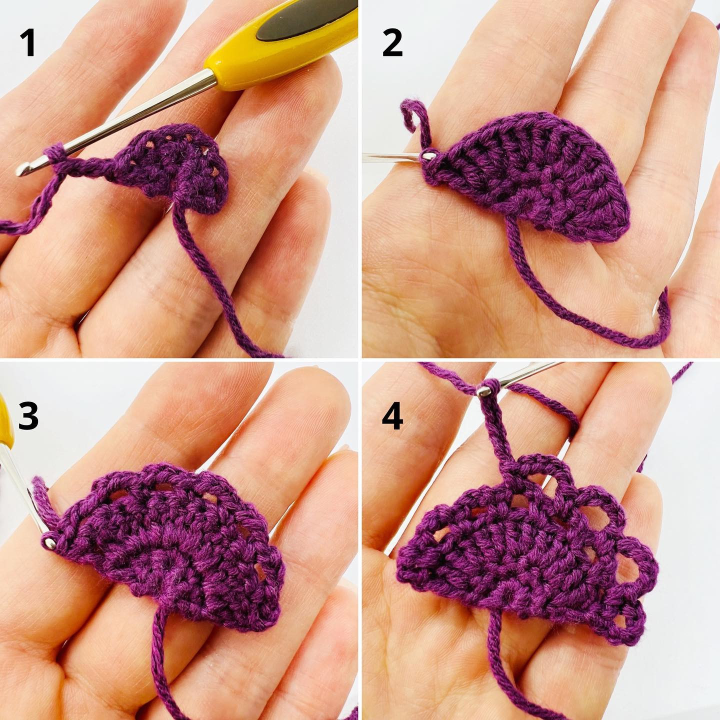 Realistic tiny crochet fan pattern for dolls using violet yarn and 1.50mm hook