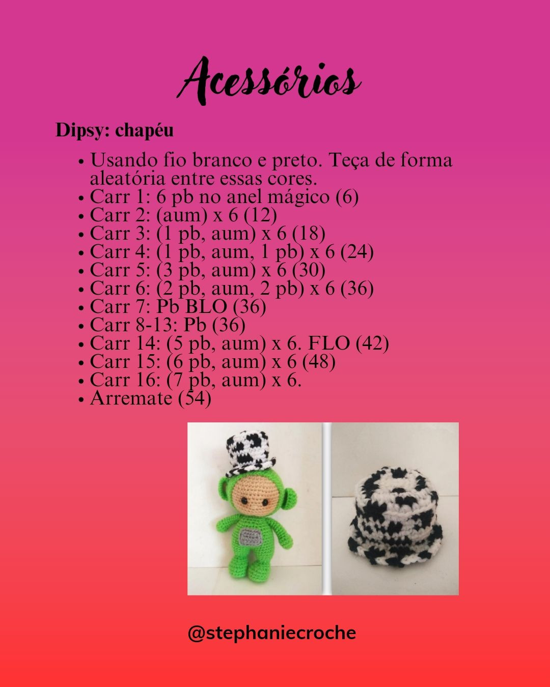 Receita de acessórios para bonecos Teletubbies amigurumi: bolsa, chapéu e patinete