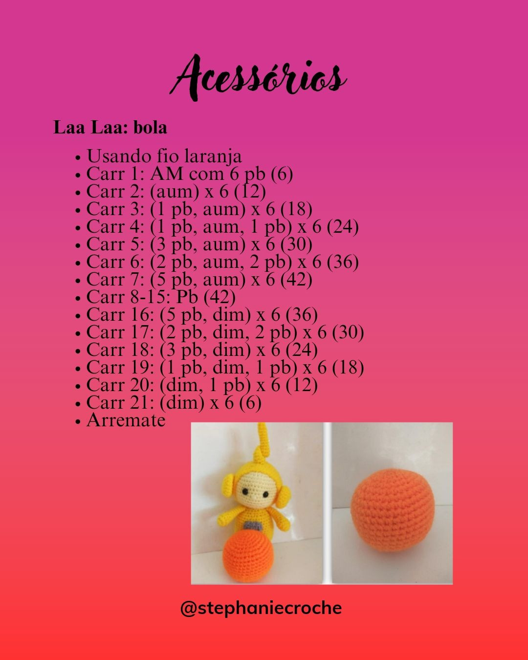 Receita de acessórios para bonecos Teletubbies amigurumi: bolsa, chapéu e patinete