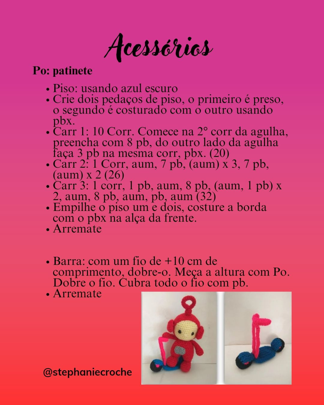 Receita de acessórios para bonecos Teletubbies amigurumi: bolsa, chapéu e patinete