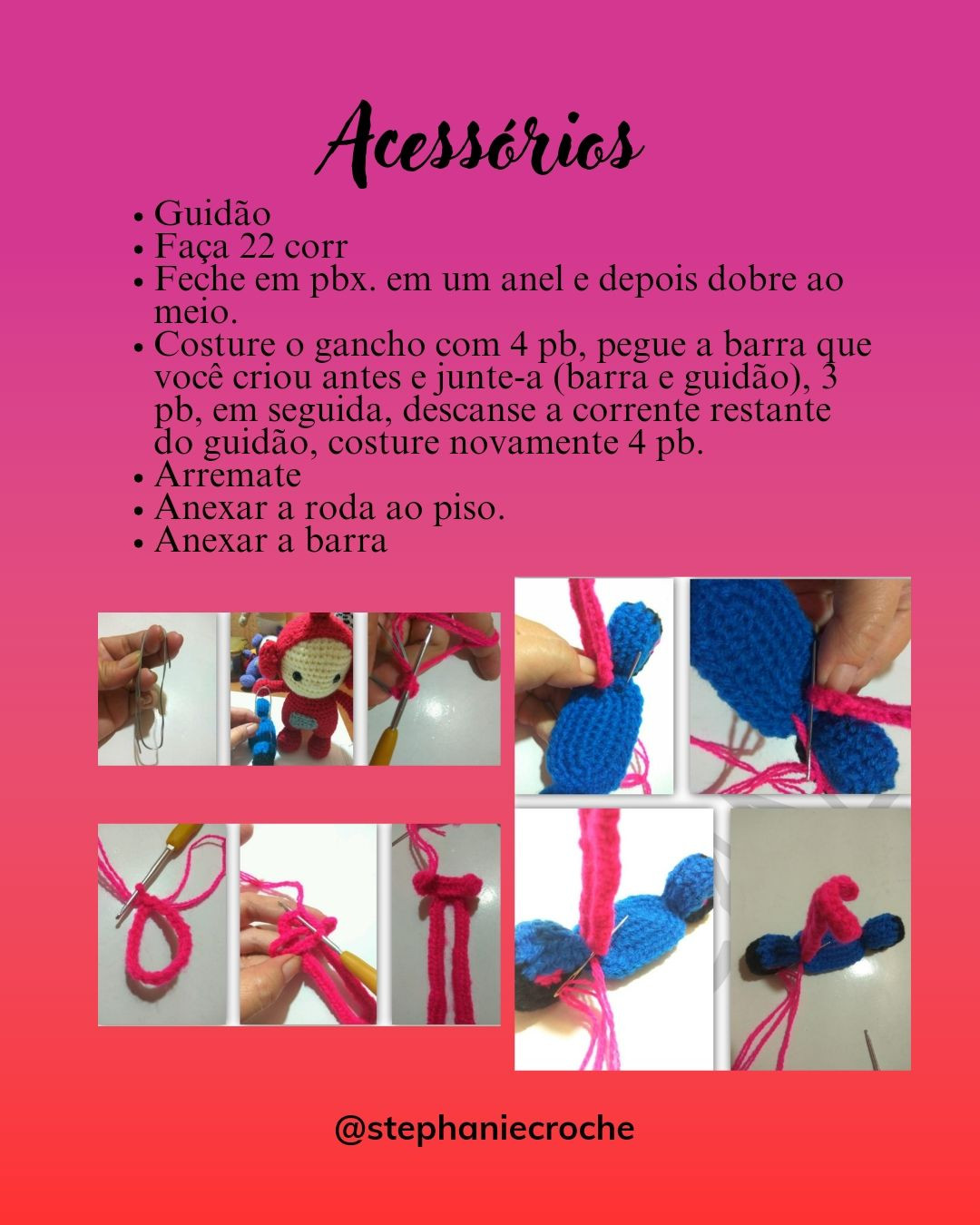 Receita de acessórios para bonecos Teletubbies amigurumi: bolsa, chapéu e patinete