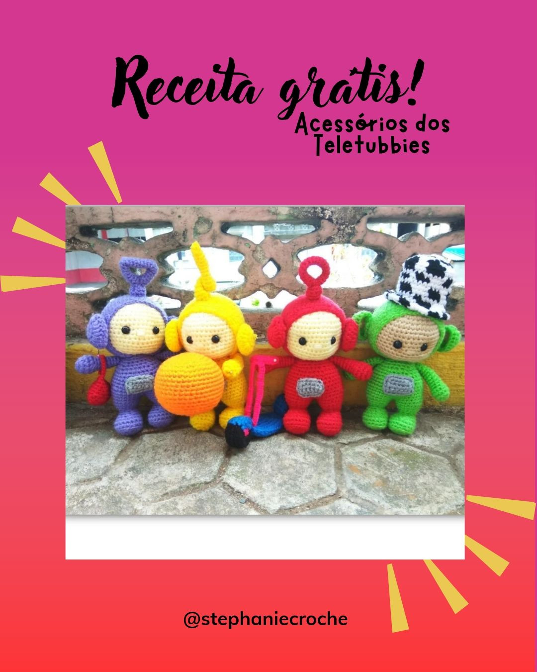 Receita de acessórios para bonecos Teletubbies amigurumi: bolsa, chapéu e patinete