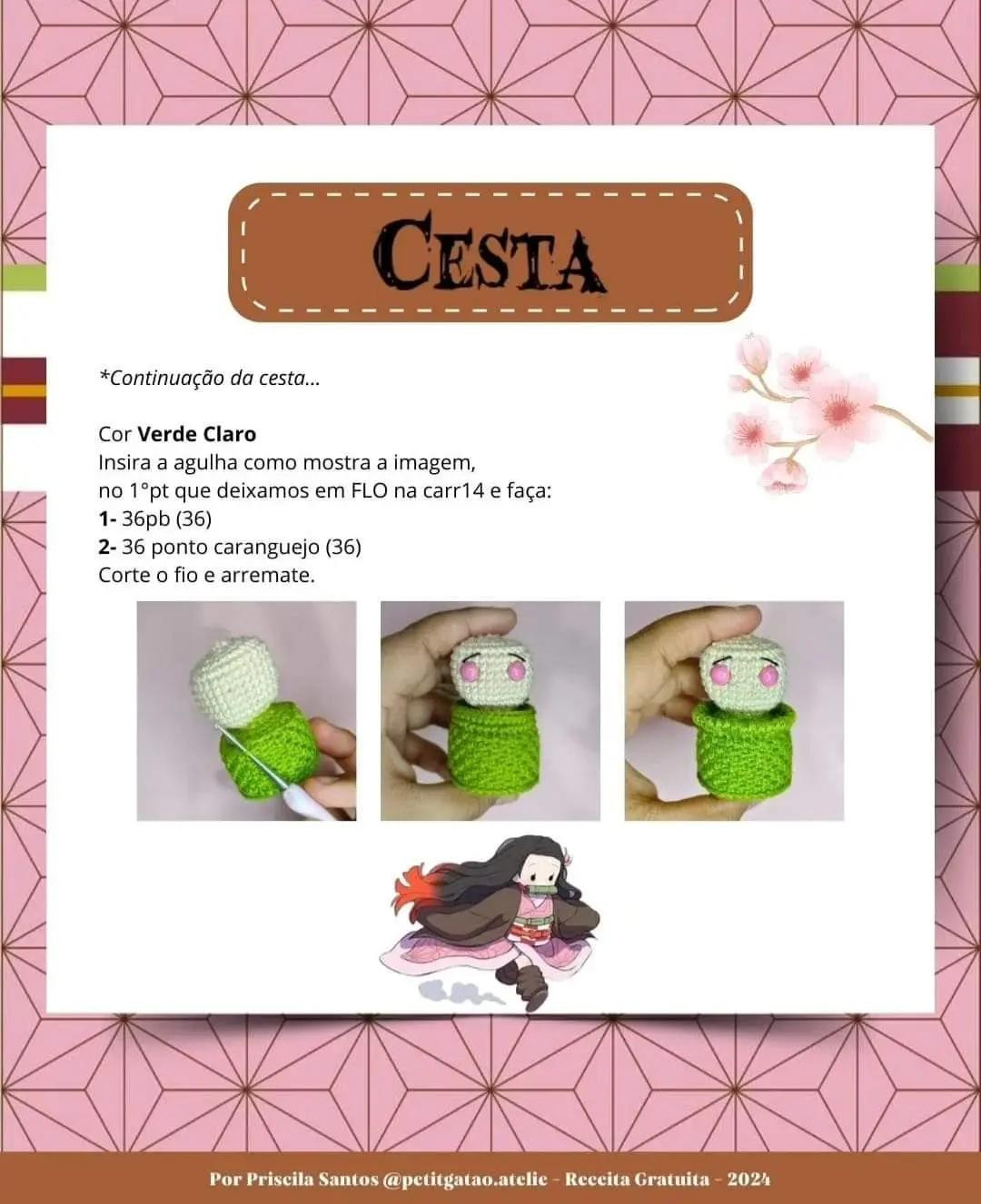 Receita Grátis Amigurumi Nezuko na Cestinha - Demon Slayer