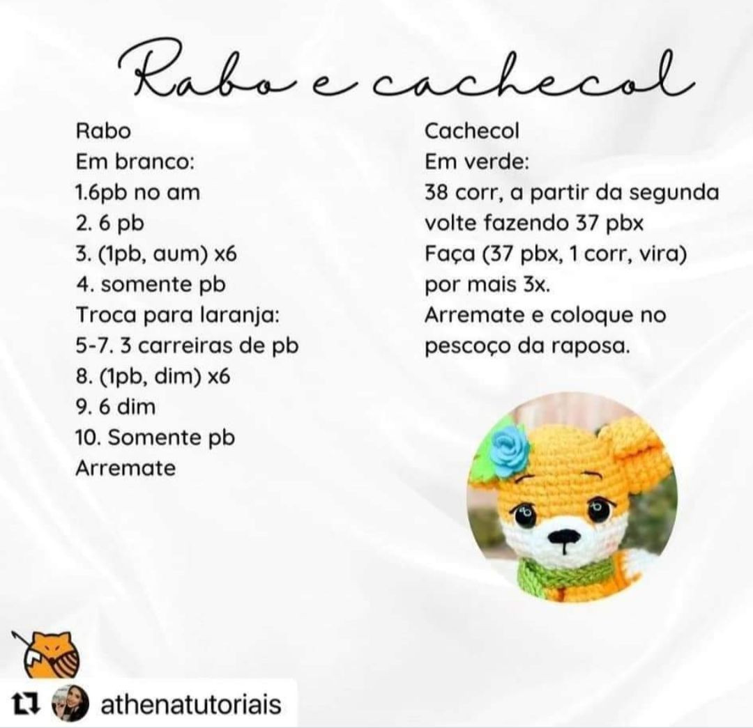 Receita Grátis Amigurumi Raposinha Laranja com Cachecol Verde