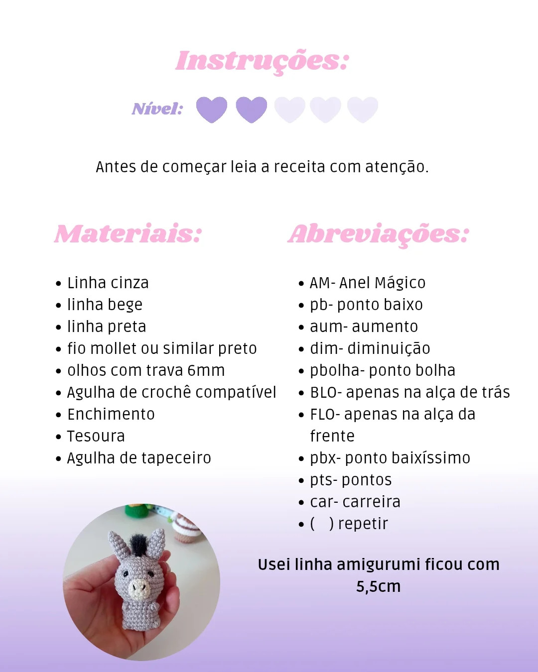 Receita grátis de Burro Amigurumi (Burrinho) estilo Shrek, com guia passo a passo e lista materiais