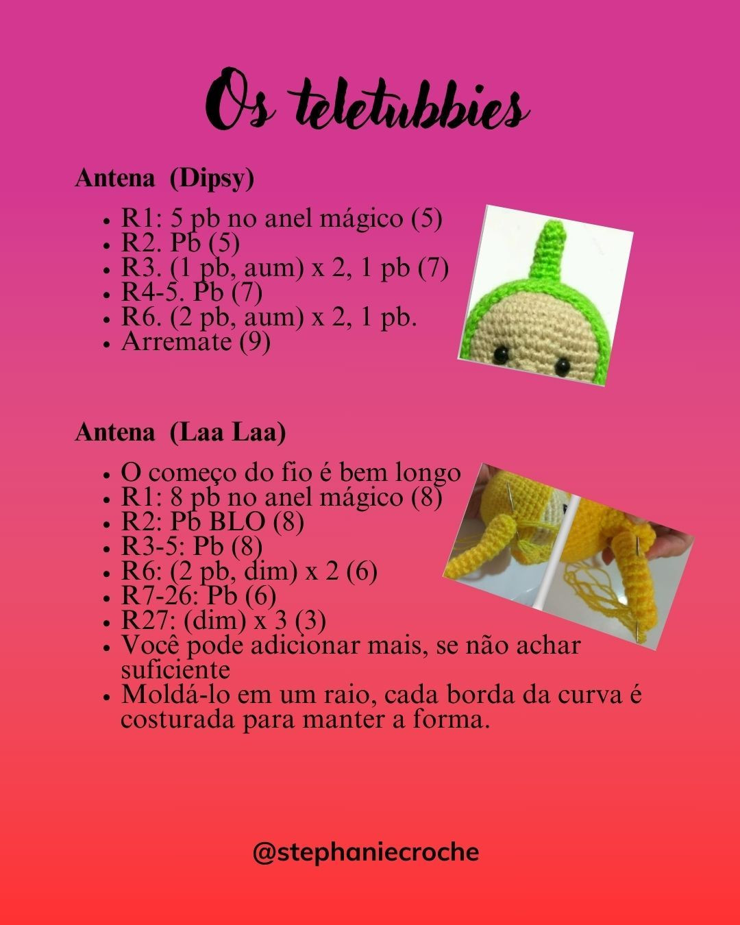 Receita grátis de crochê: Os Teletubbies amigurumi coloridos