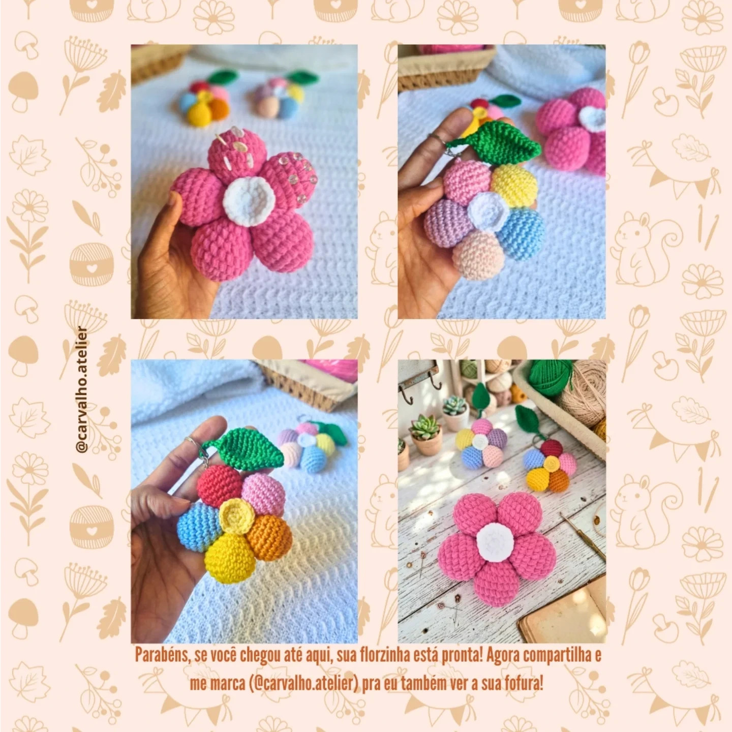 Receita Grátis: Flor de Amigurumi Multiuso - Chaveiro, Móbil e Alfineteiro