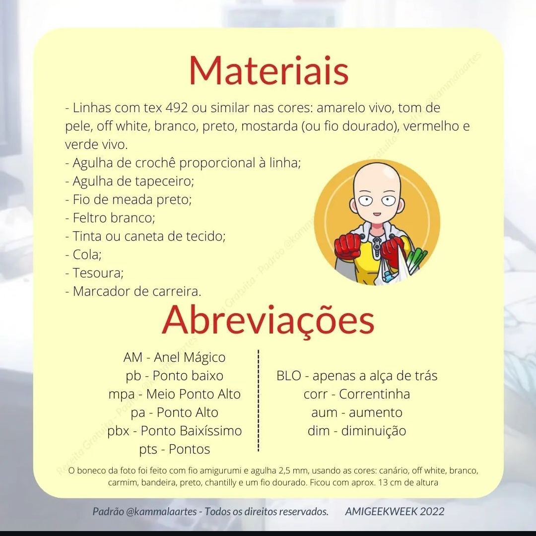 Receita Grátis Saitama One Punch Man Amigurumi Completo