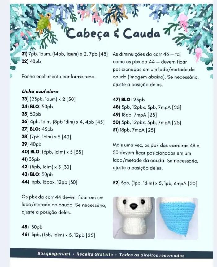 Receita Gratuita de Amigurumi Gata Sereia: Búp bê mèo tiên cá móc len màu trắng và xanh dương