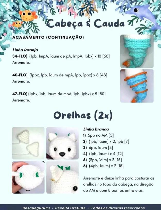 Receita Gratuita de Amigurumi Gata Sereia: Búp bê mèo tiên cá móc len màu trắng và xanh dương