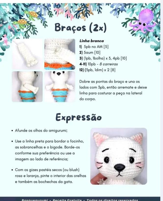 Receita Gratuita de Amigurumi Gata Sereia: Búp bê mèo tiên cá móc len màu trắng và xanh dương