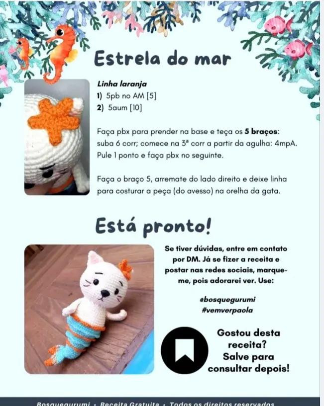 Receita Gratuita de Amigurumi Gata Sereia: Búp bê mèo tiên cá móc len màu trắng và xanh dương