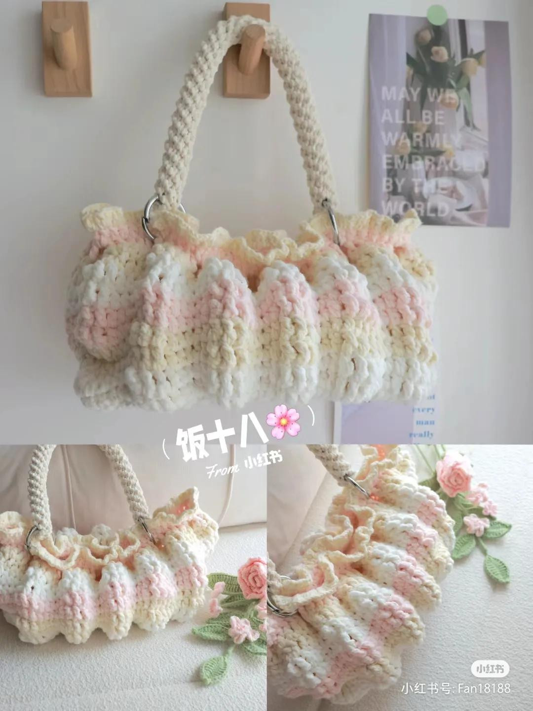 Red and Beige Crochet Tote Bag with Bobble Stitch Pattern Chart