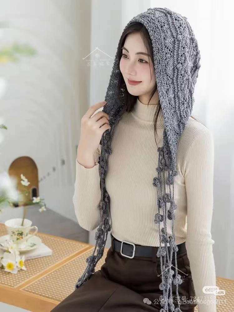 Red and Grey Crochet Hooded Hat with Tassels Pattern Chart