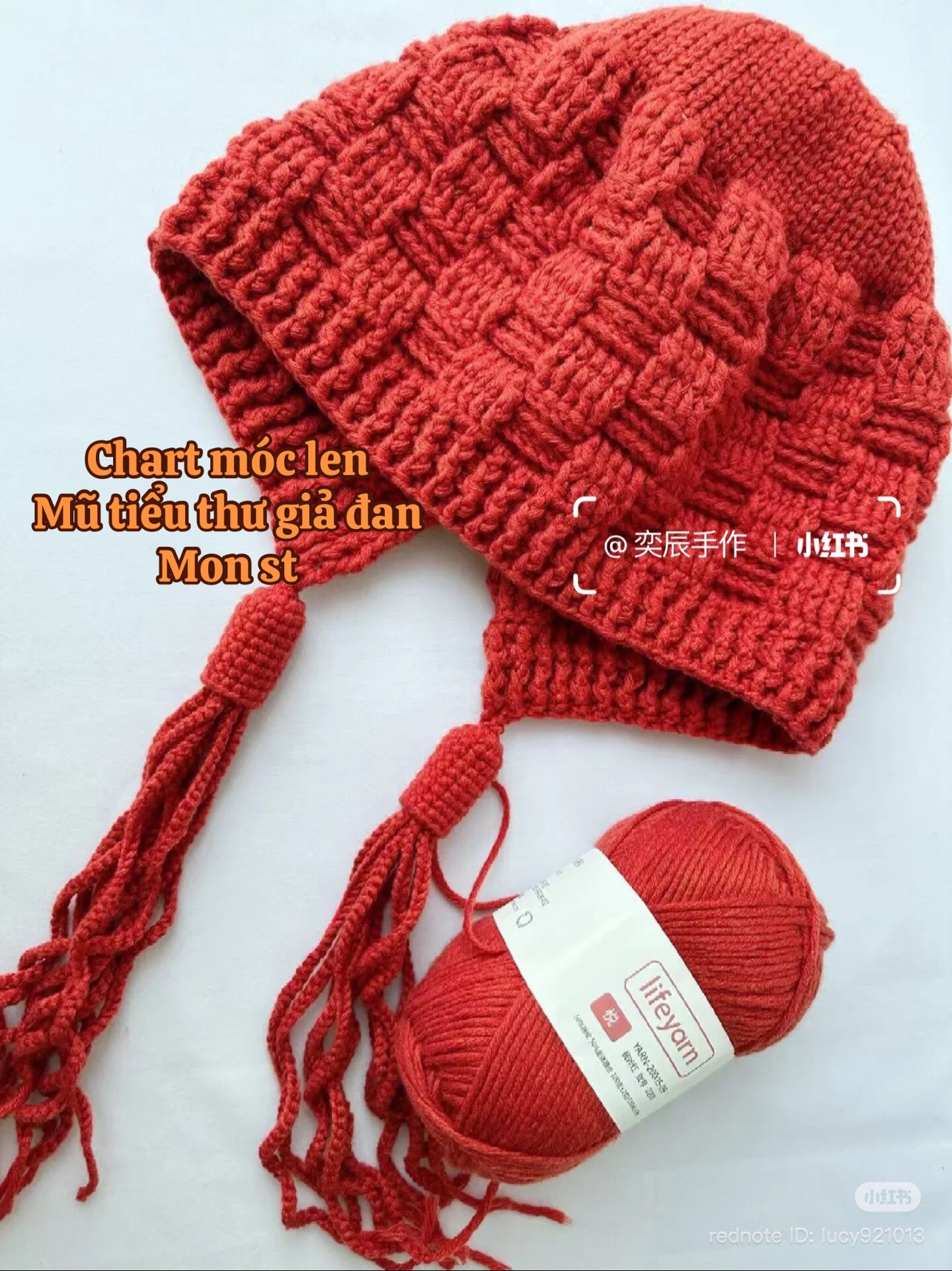 Red Crochet Earflap Hat with Basketweave Pattern Chart