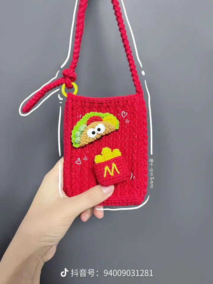 Red Crochet Fast Food Phone Bag with Taco, Fries and Cute Characters