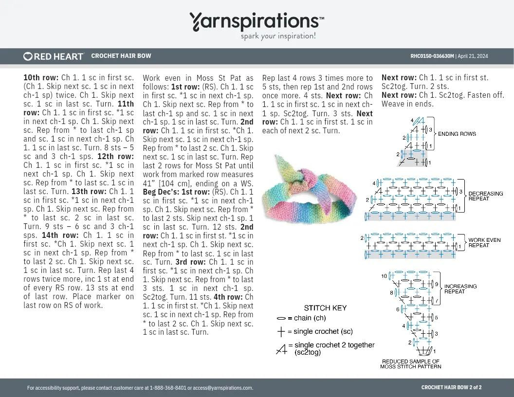 Red Heart Crochet Hair Bow Pattern and Moss Stitch Chart Instructions
