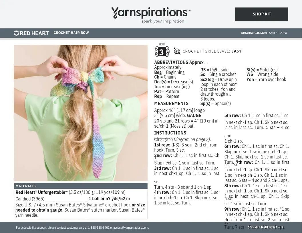 Red Heart Crochet Hair Bow Pattern and Moss Stitch Chart Instructions