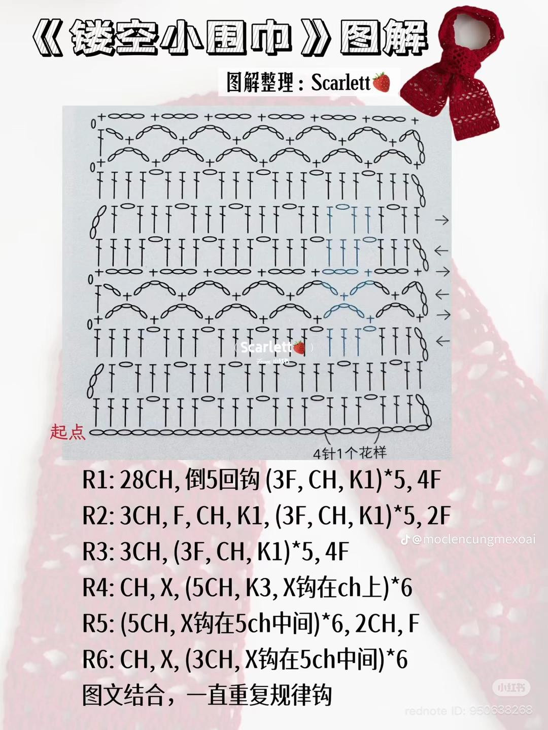 Red Lace Crochet Scarf Tutorial with Chart and Instructions