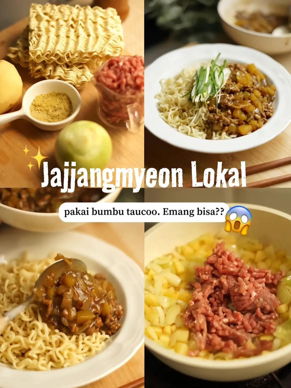 Resep Jajjangmyeon Lokal: Mie Sốt Táo Đen Với Bumbu Taucó, Daging Cincang, Khoai Tây & Hành
