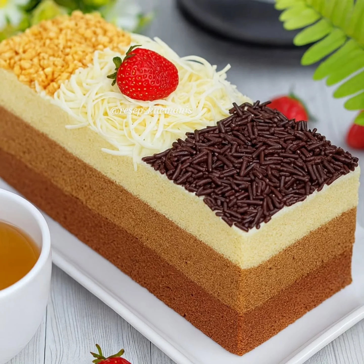 Resep Ombre Cake Tiramisu Kukus dengan topping cokelat, keju dan kacang