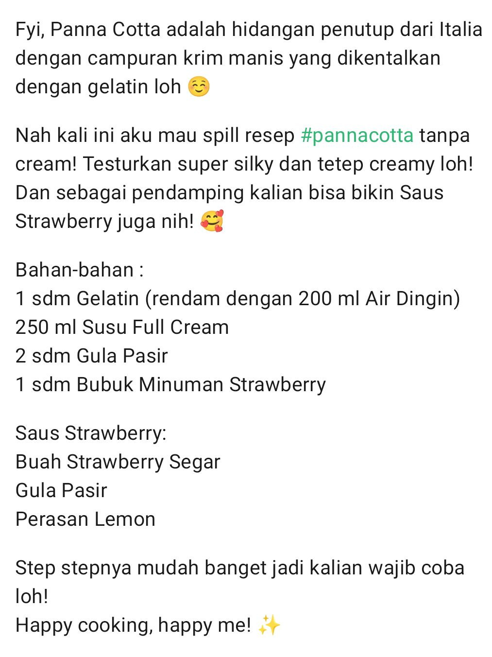 Resep Panna Cotta Strawberry Tanpa Cream