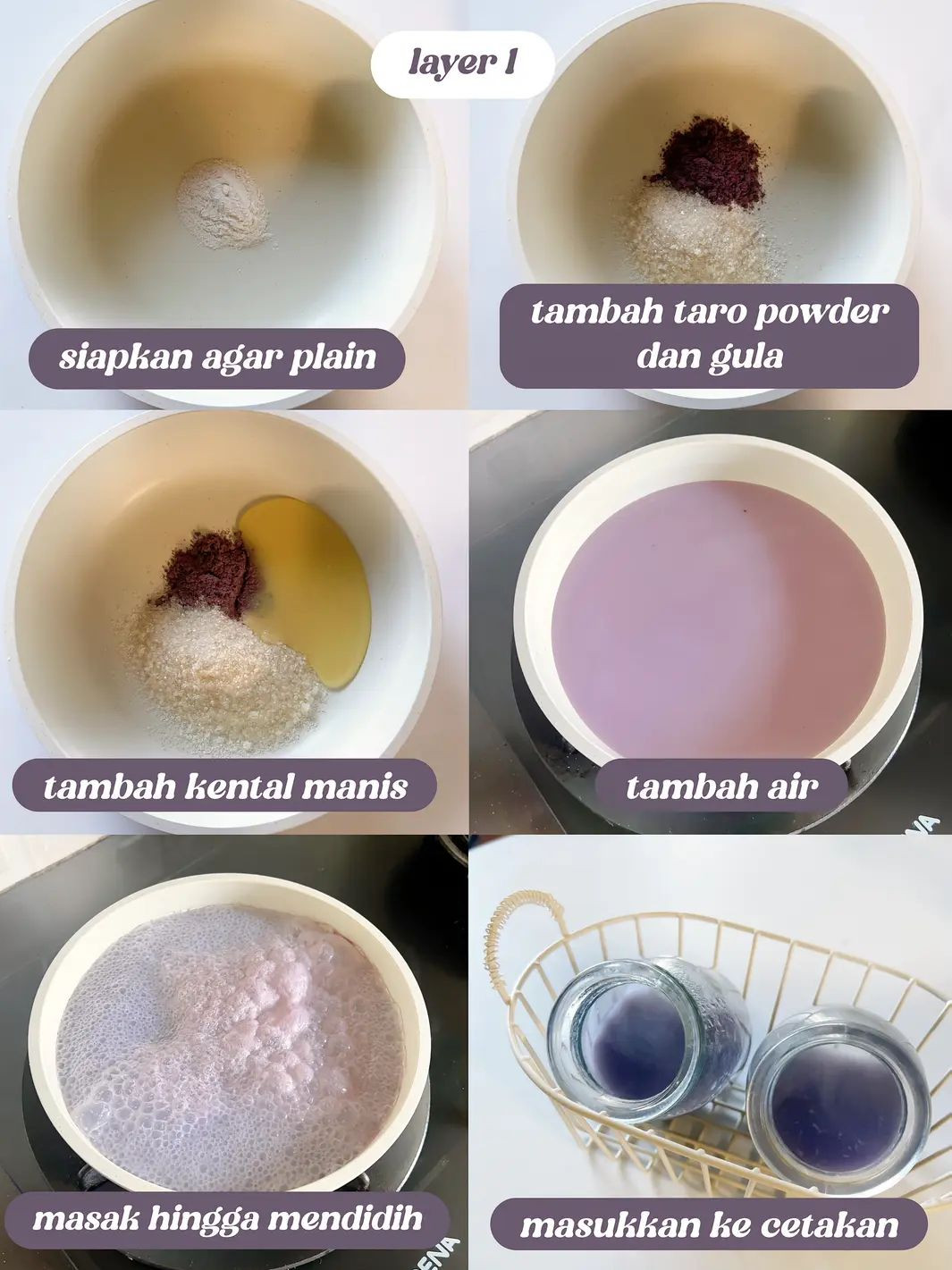 Resep Pudding Taro Roka Simpel: Camo 5 Bahan, Layer Ungu dan Putih với Topping Roka Balls