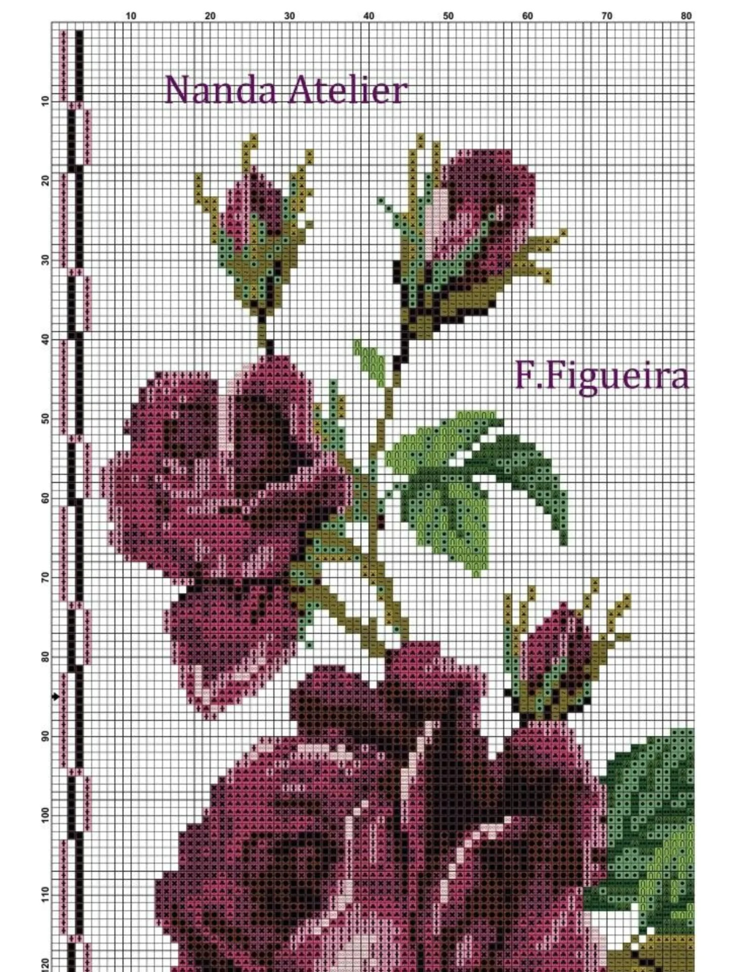 Rosa Beringela Cross Stitch Pattern by Nanda Atelier - Detailed Floral Design with Color Chart and Grid Instructions