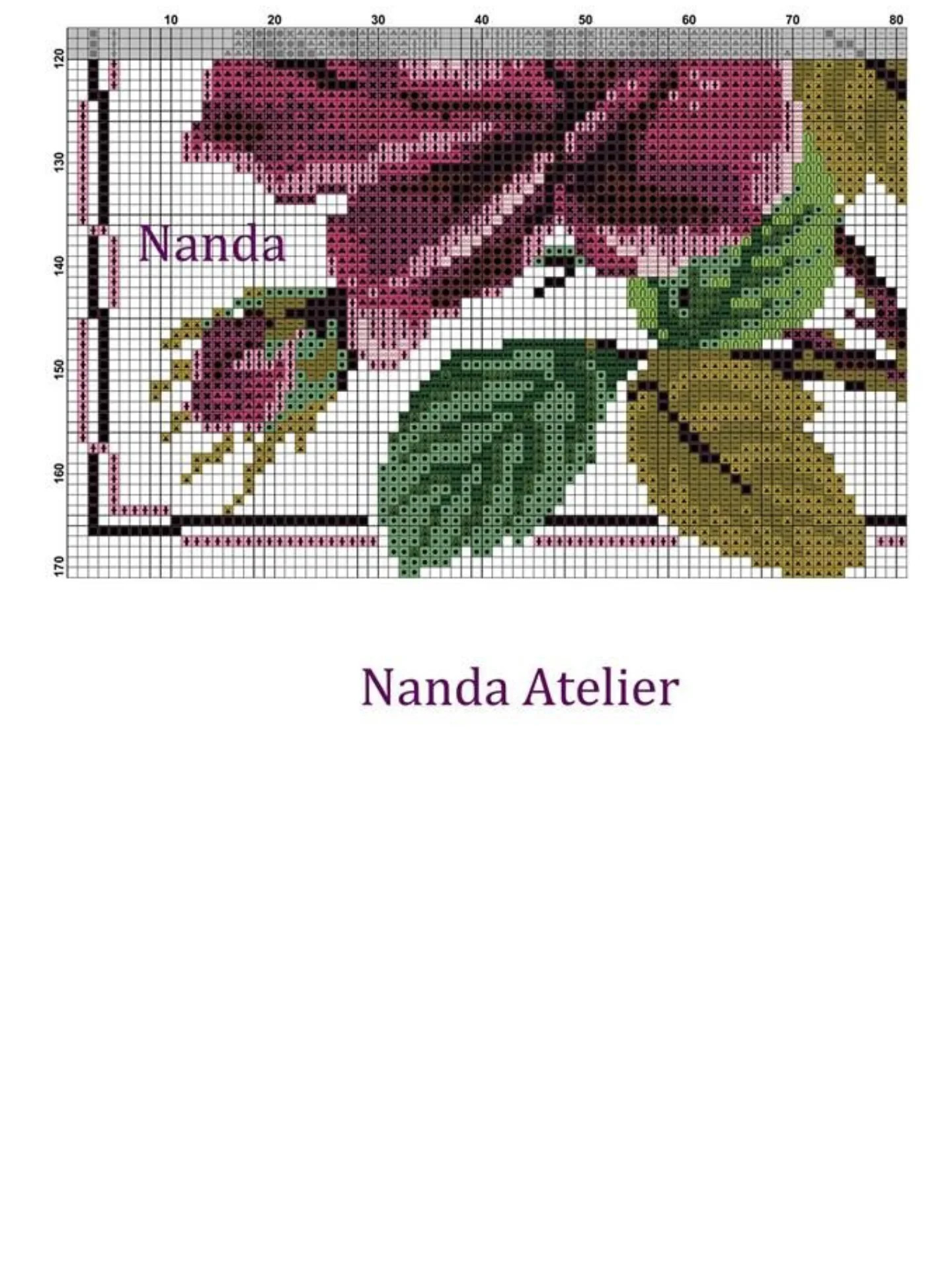 Rosa Beringela Cross Stitch Pattern by Nanda Atelier - Detailed Floral Design with Color Chart and Grid Instructions