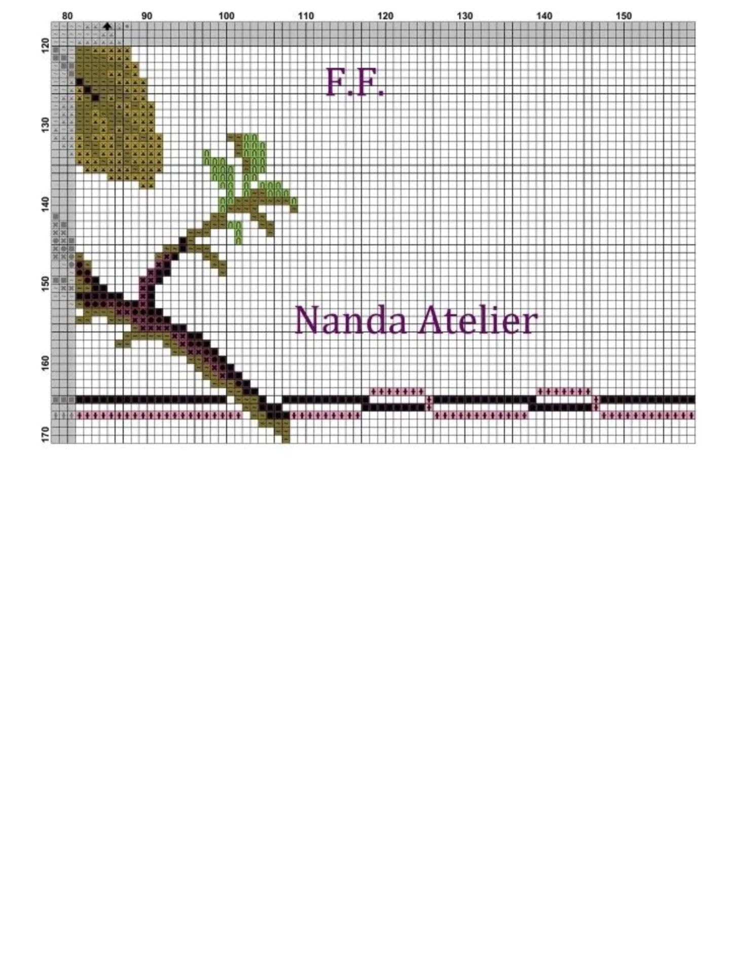 Rosa Beringela Cross Stitch Pattern by Nanda Atelier - Detailed Floral Design with Color Chart and Grid Instructions